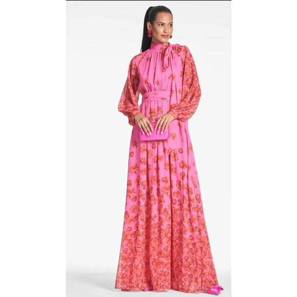 Sachin & BabiVera floral-print chiffon gownPink Red Floral Naxi Dress Sz 0 XS - Picture 4 of 16